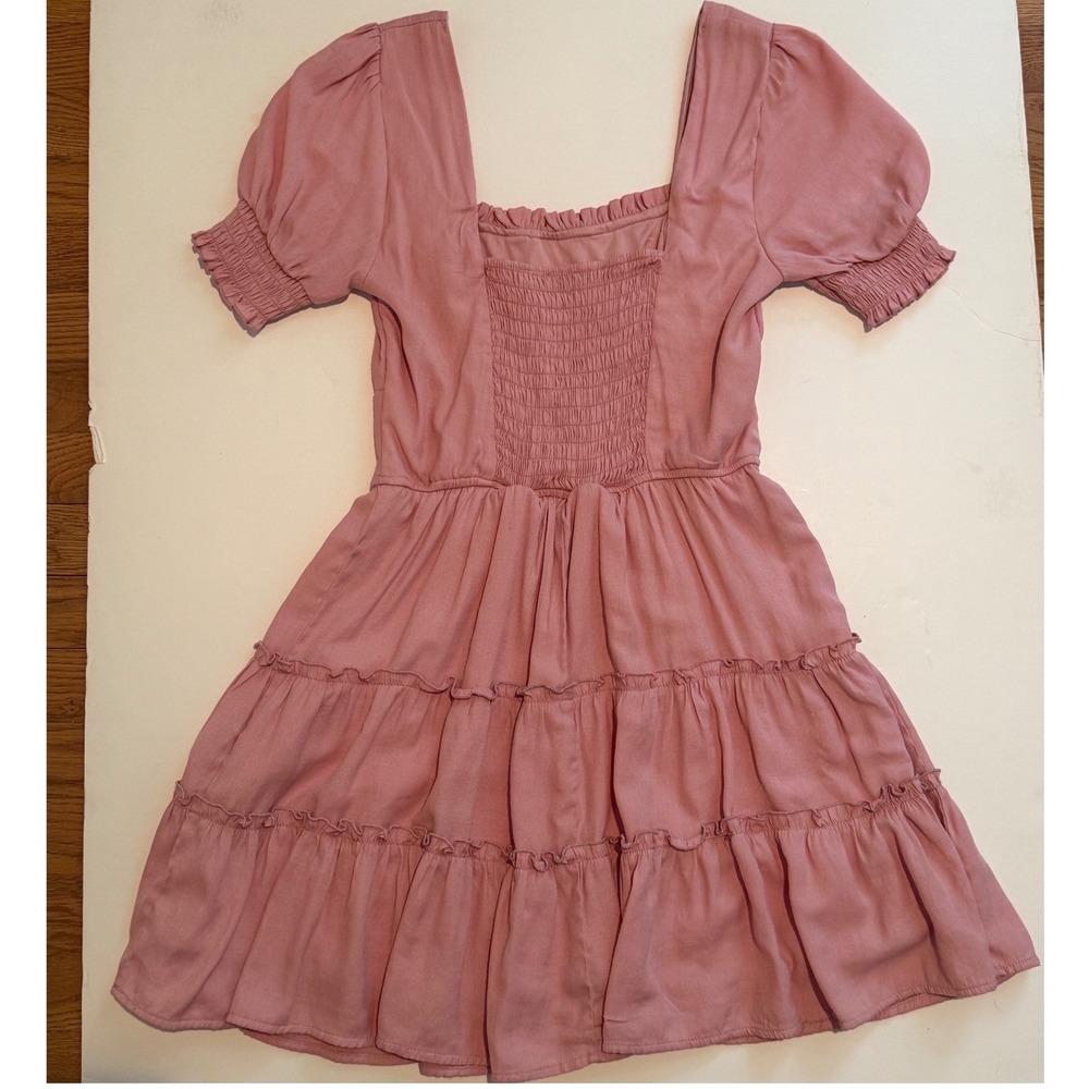 Trixxi Pink Puff Sleeve Tiered Mini Dress Cottagecore Square Neck Smocked Small - Picture 3 of 10